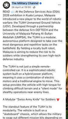 The Military Channel social media post about TUAH UGV capabilities